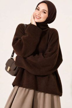 Oversized Crew Neck Knit Sweater Brown