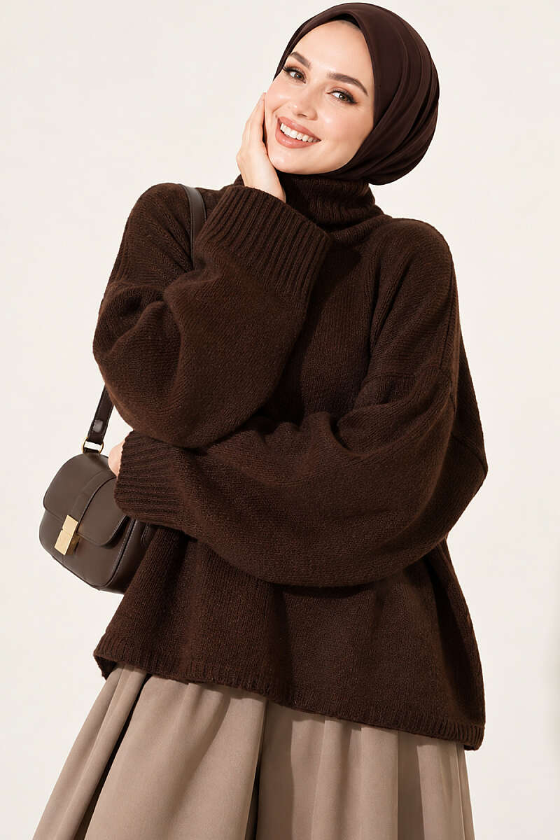 Oversized Crew Neck Knit Sweater Brown