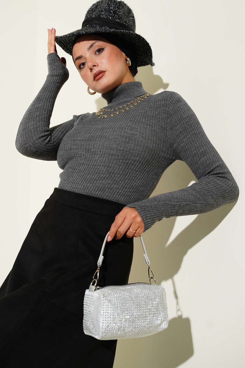 Fisherman Neck Fingerless Knit Sweater Smoke