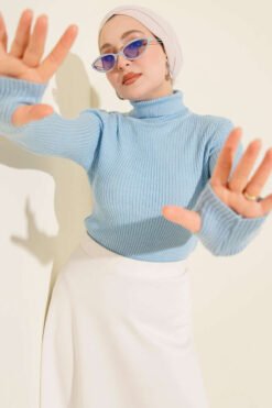 Fisherman Neck Fingerless Knit Sweater Blue