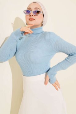 Alternative view of Fisherman Neck Fingerless Knit Sweater Blue