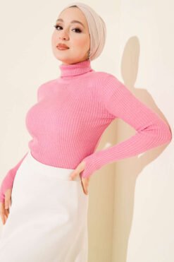 Alternative view of Fisherman Neck Fingerless Knit Sweater Pink