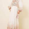 Balloon Sleeve Floral Print Chiffon Dress Ecru