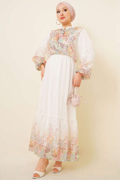 Balloon Sleeve Floral Print Chiffon Dress Ecru