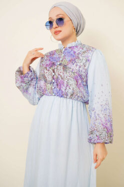 Alternative view of Balloon Sleeve Floral Print Chiffon Dress Blue