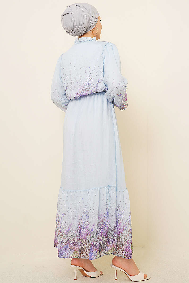 Balloon Sleeve Floral Print Chiffon Dress Blue - الصورة 3