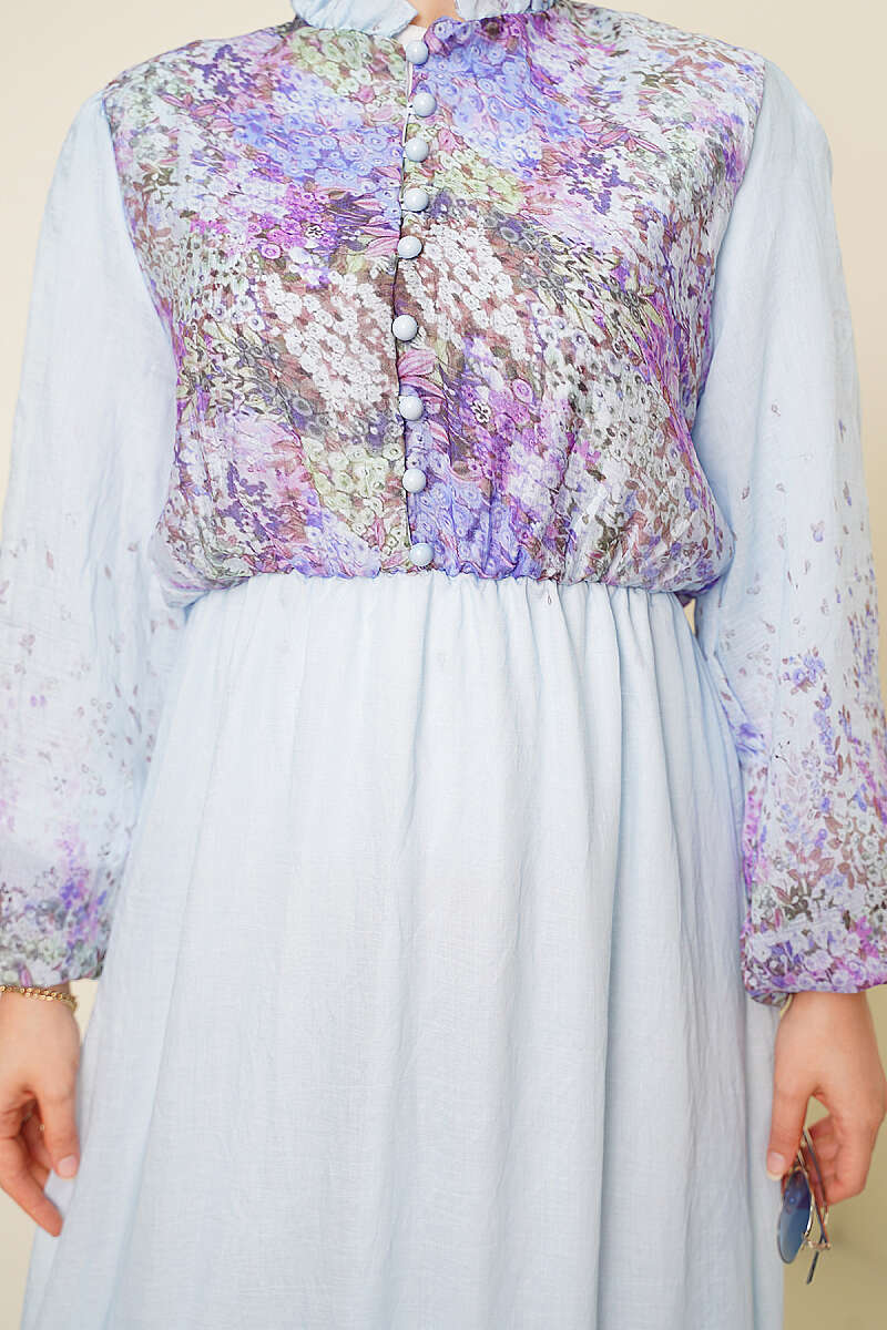 Balloon Sleeve Floral Print Chiffon Dress Blue - الصورة 4