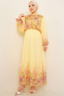 Balloon Sleeve Floral Print Chiffon Dress Yellow