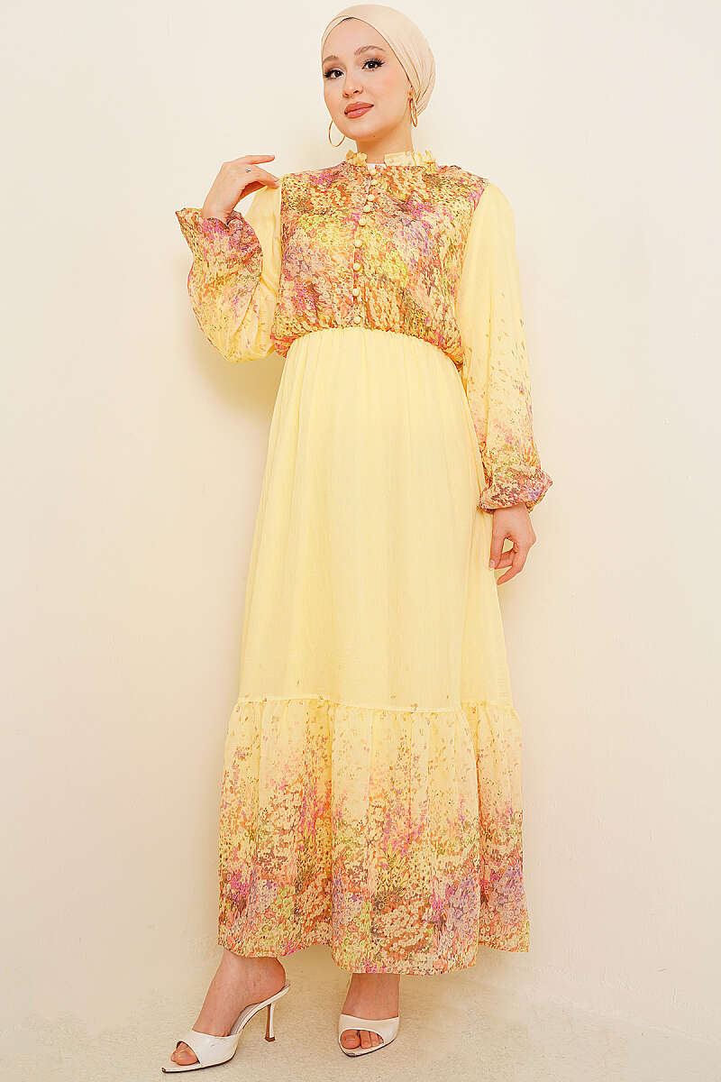 Balloon Sleeve Floral Print Chiffon Dress Yellow