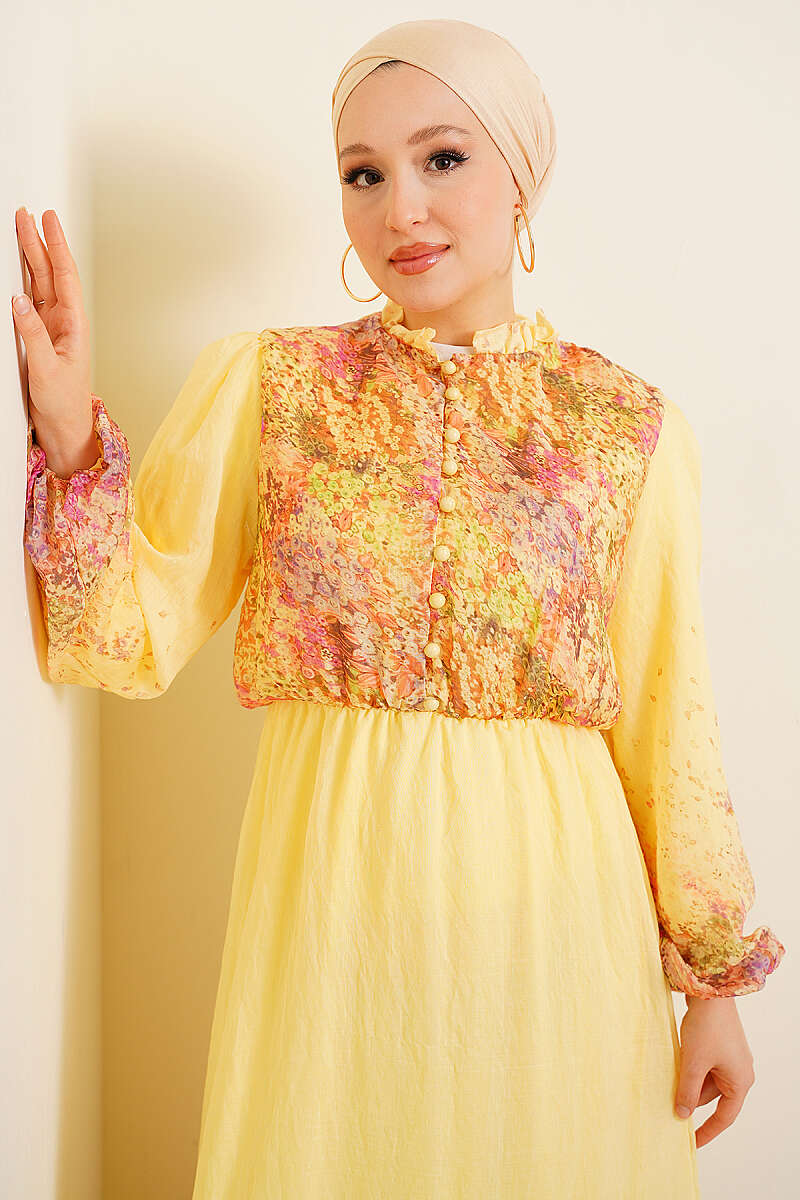 Balloon Sleeve Floral Print Chiffon Dress Yellow - Imagen 2