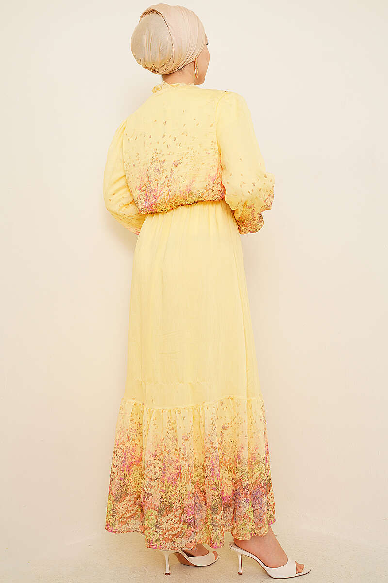 Balloon Sleeve Floral Print Chiffon Dress Yellow - Imagen 3