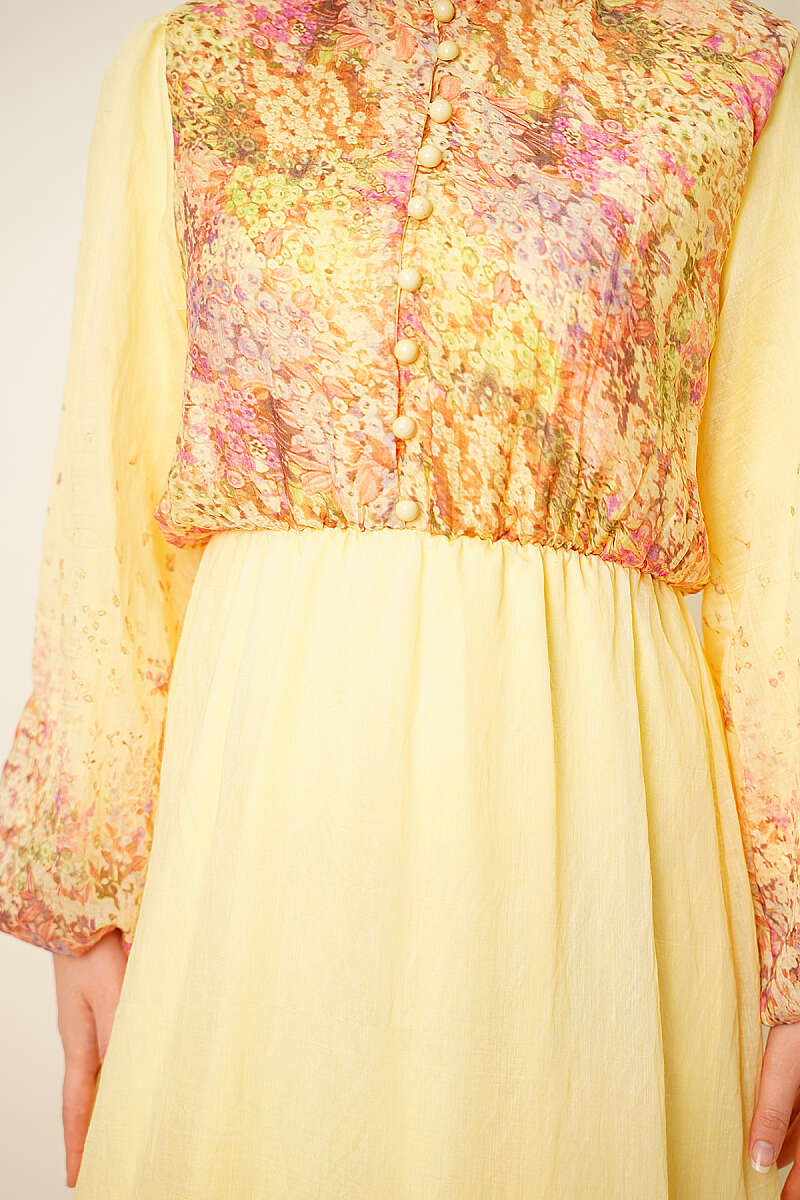 Balloon Sleeve Floral Print Chiffon Dress Yellow - Imagen 4