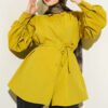 Balloon Sleeve Tie Detail Tunic Leaf Green