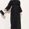 Balloon Sleeve Satin Dress with Rose Accessory Black