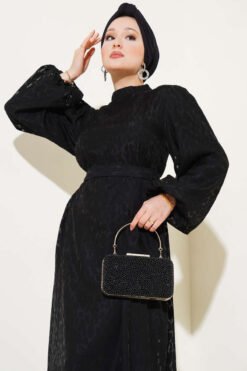 Alternative view of Balloon Sleeve Satin Dress with Rose Accessory Black
