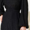 Balloon Sleeve Satin Dress with Rose Accessory Black – Image 4