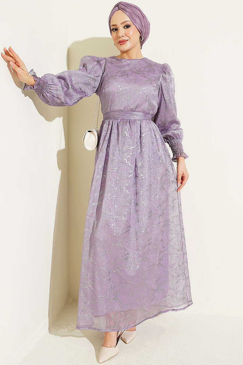 Balloon Sleeve Embellished Evening Dress Lilac