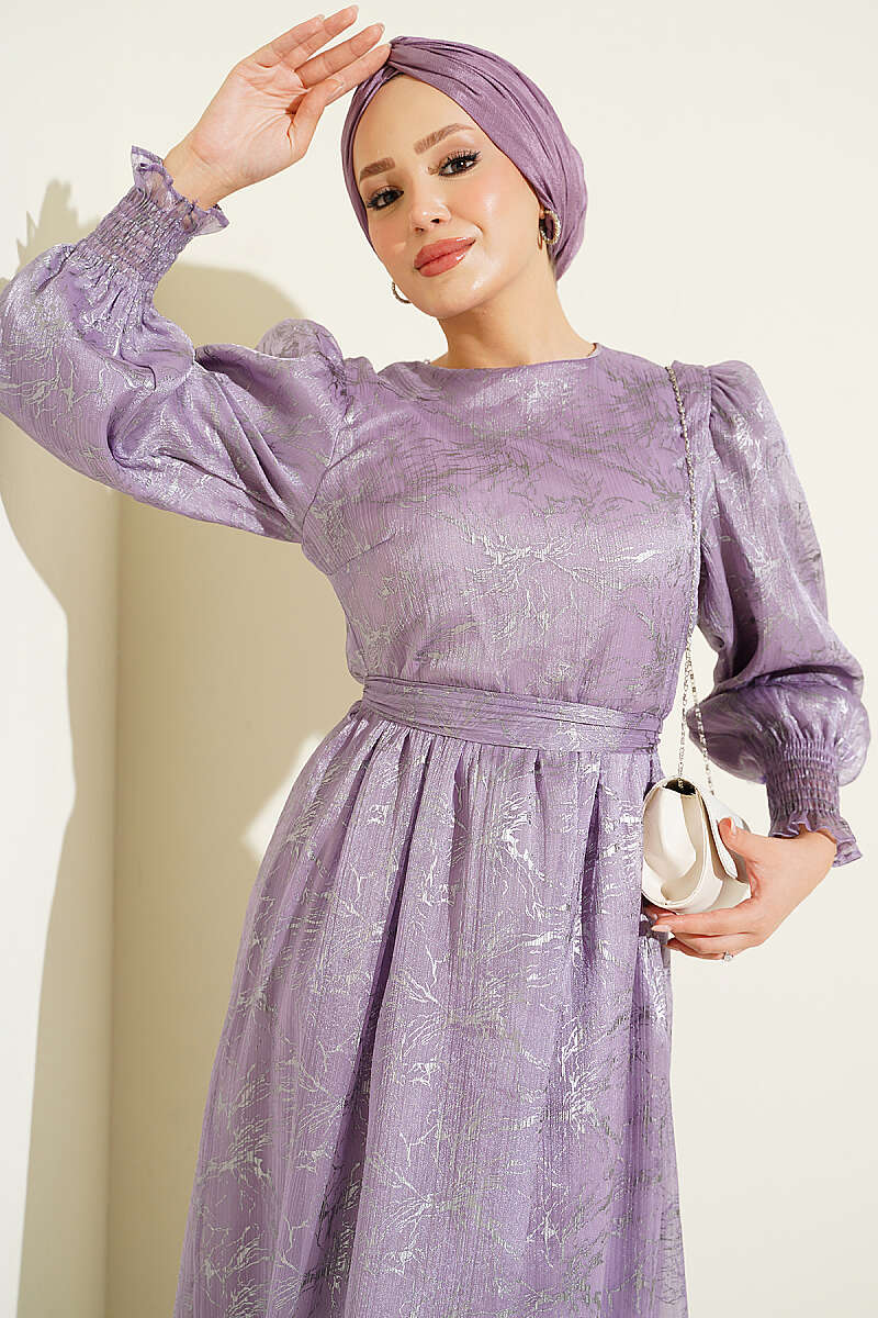Balloon Sleeve Embellished Evening Dress Lilac – Image 2