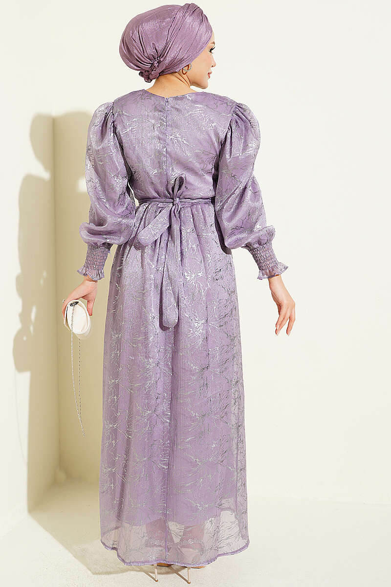 Balloon Sleeve Embellished Evening Dress Lilac – Image 3