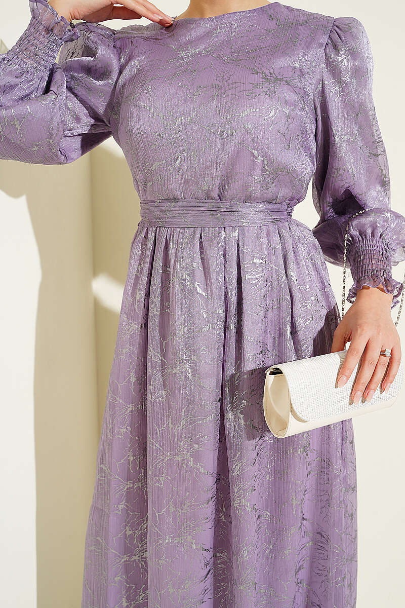 Balloon Sleeve Embellished Evening Dress Lilac – Image 4