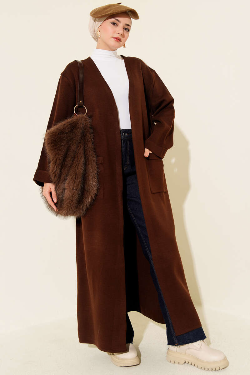 Basic Long Knit Cardigan with Double Pockets Brown