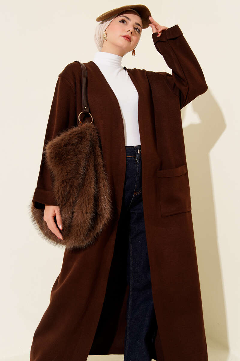Basic Long Knit Cardigan with Double Pockets Brown - immagine 2