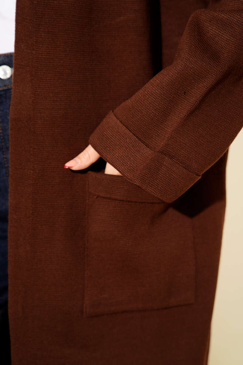 Basic Long Knit Cardigan with Double Pockets Brown - immagine 4