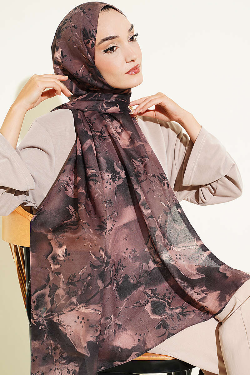 Printed Floral Patterned Shawl Dark Brown