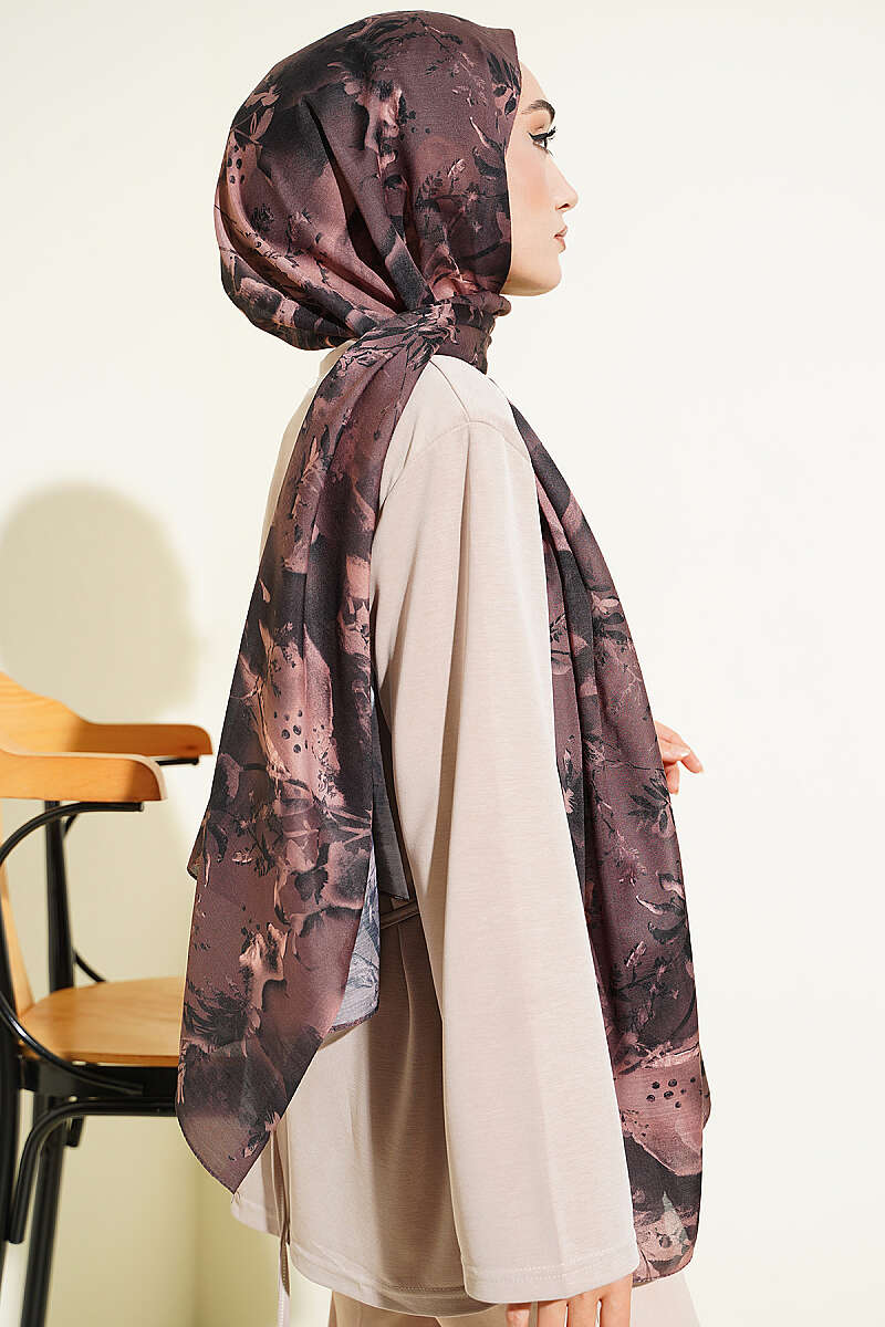 Printed Floral Patterned Shawl Dark Brown – Bild 3