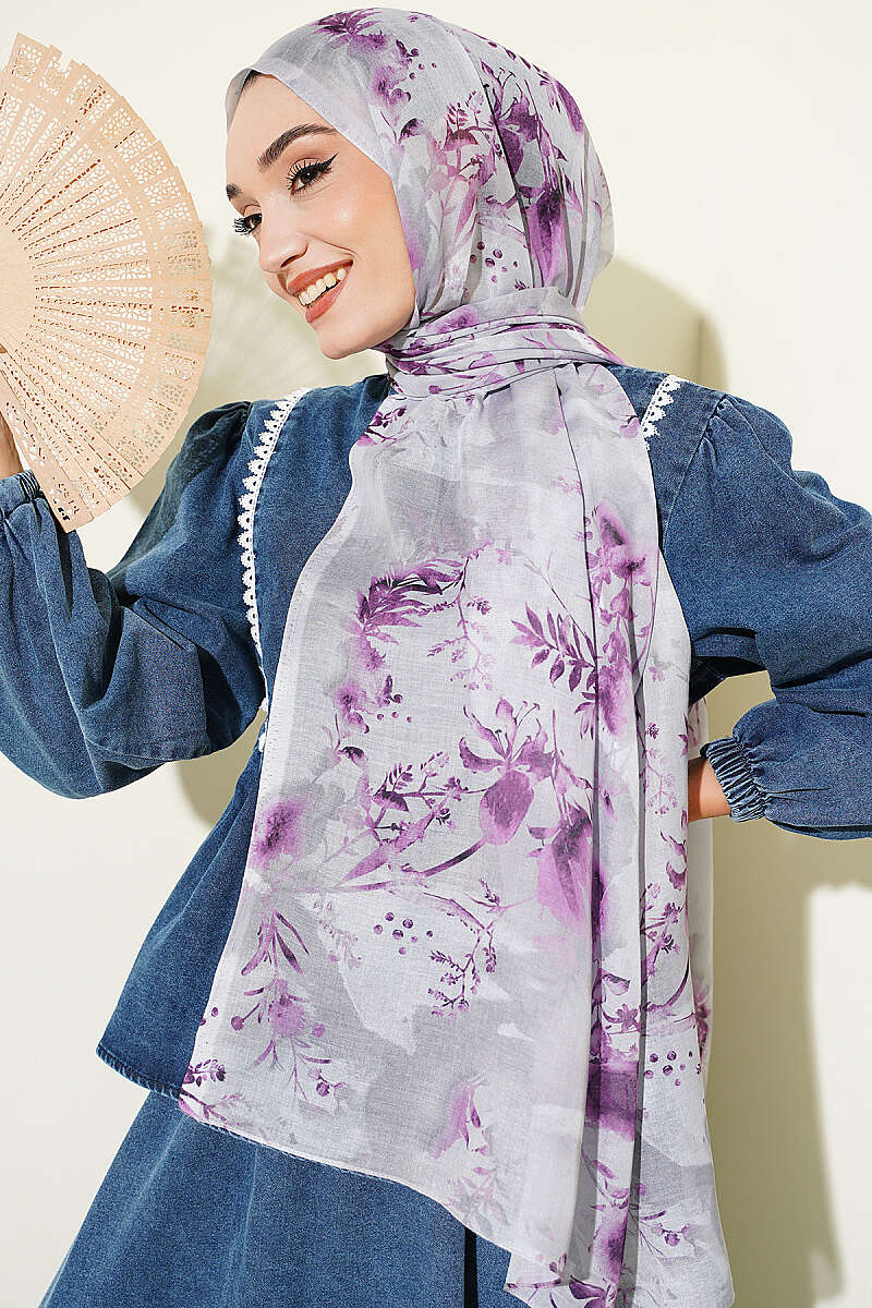 Printed Floral Patterned Shawl Grey
