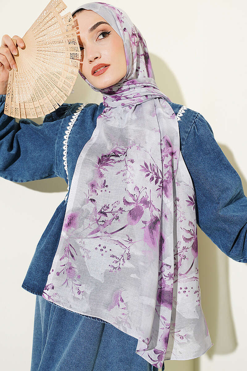 Printed Floral Patterned Shawl Grey – Bild 2