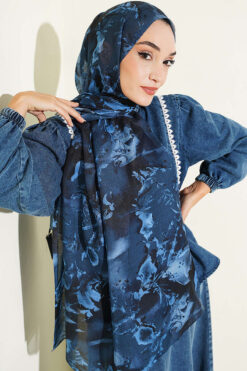 Alternative view of Printed Floral Patterned Shawl Navy Blue