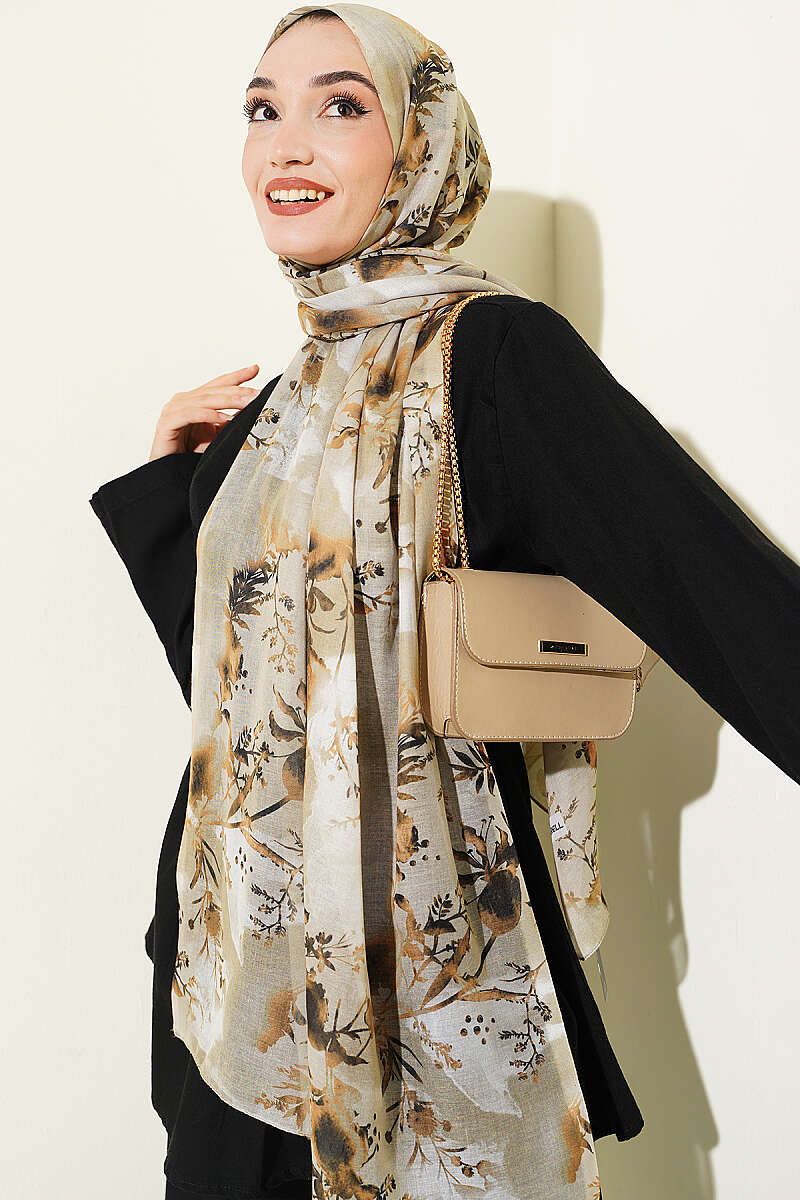 Printed Floral Patterned Shawl Oil Green