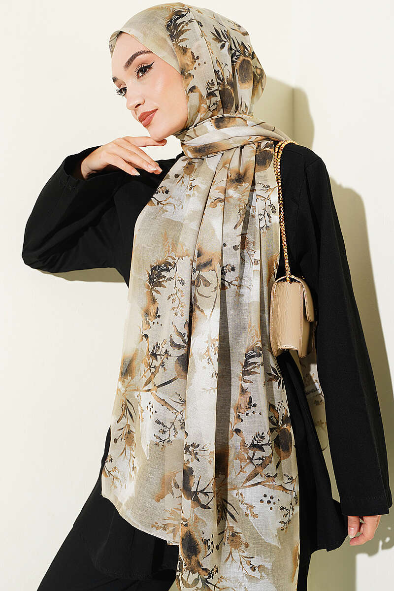 Printed Floral Patterned Shawl Oil Green – Bild 2