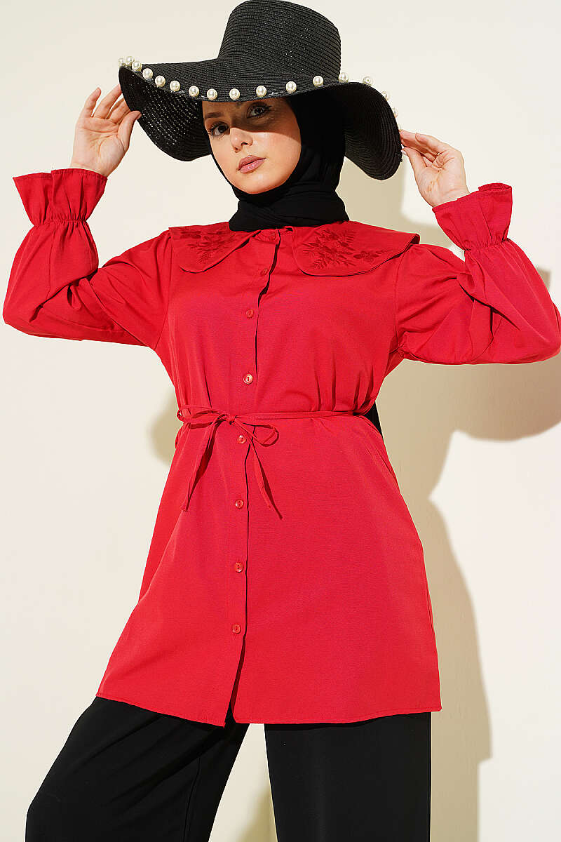 Baby Collar Embroidered Tie Shirt Red