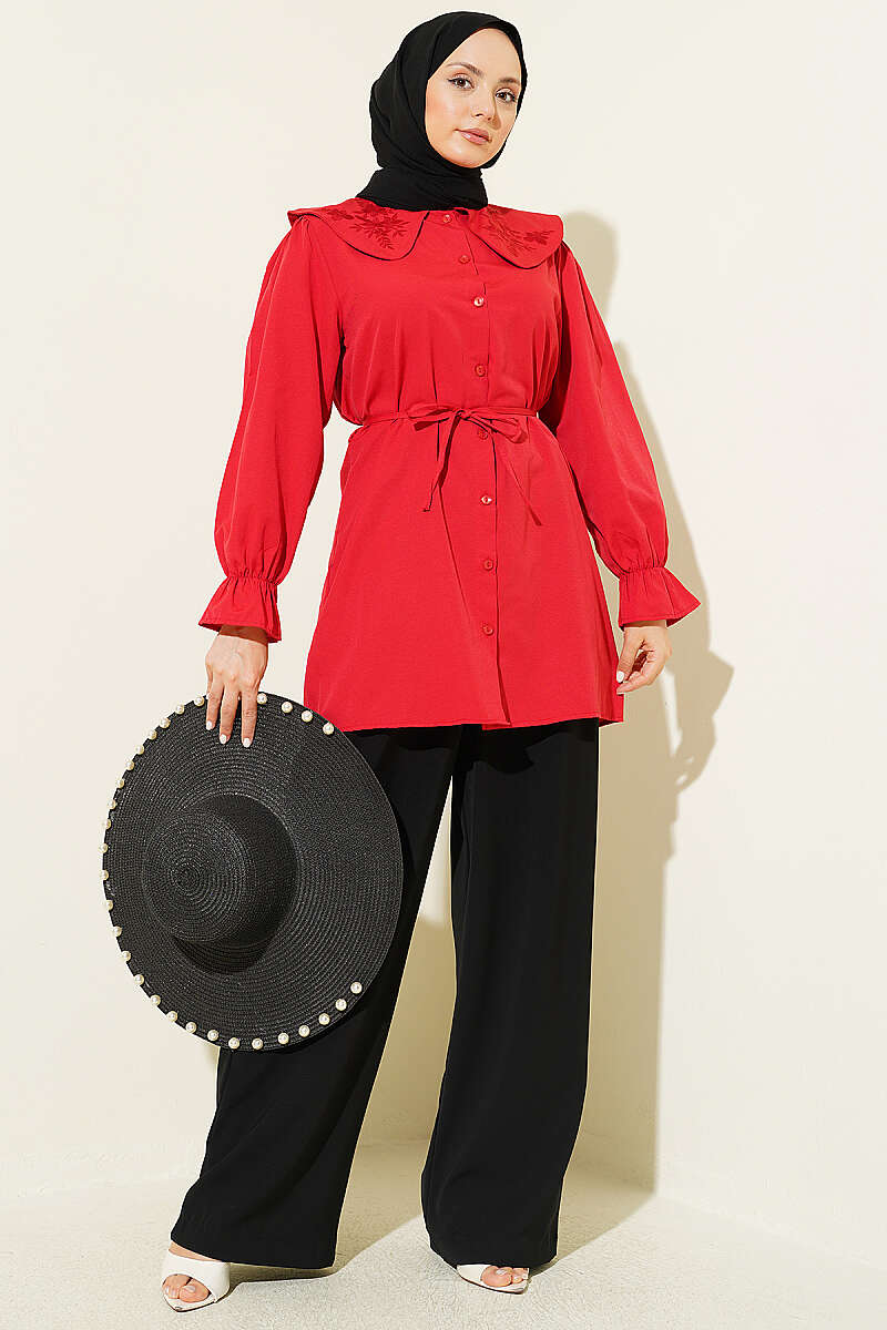 Baby Collar Embroidered Tie Shirt Red - الصورة 2