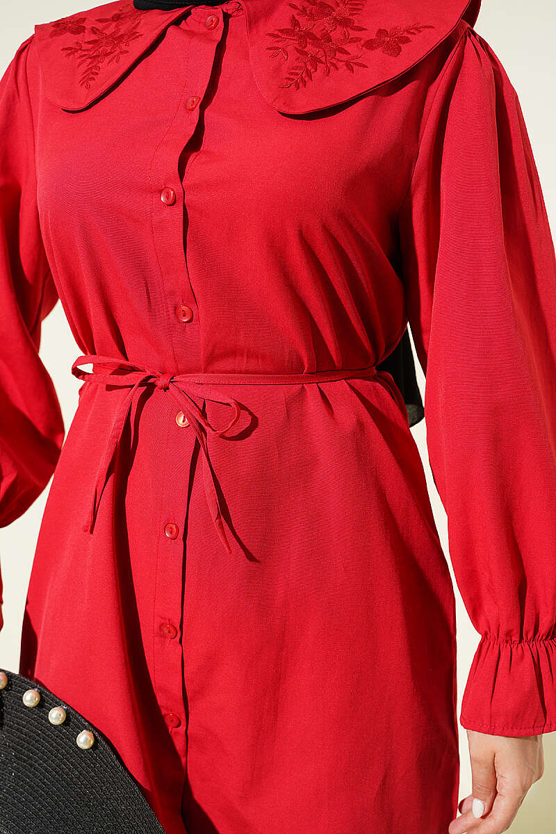 Baby Collar Embroidered Tie Shirt Red - الصورة 4