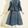 Denim Two-Piece Set with Waist Tie and Lace-Trimmed Hem Edge Denim Blue