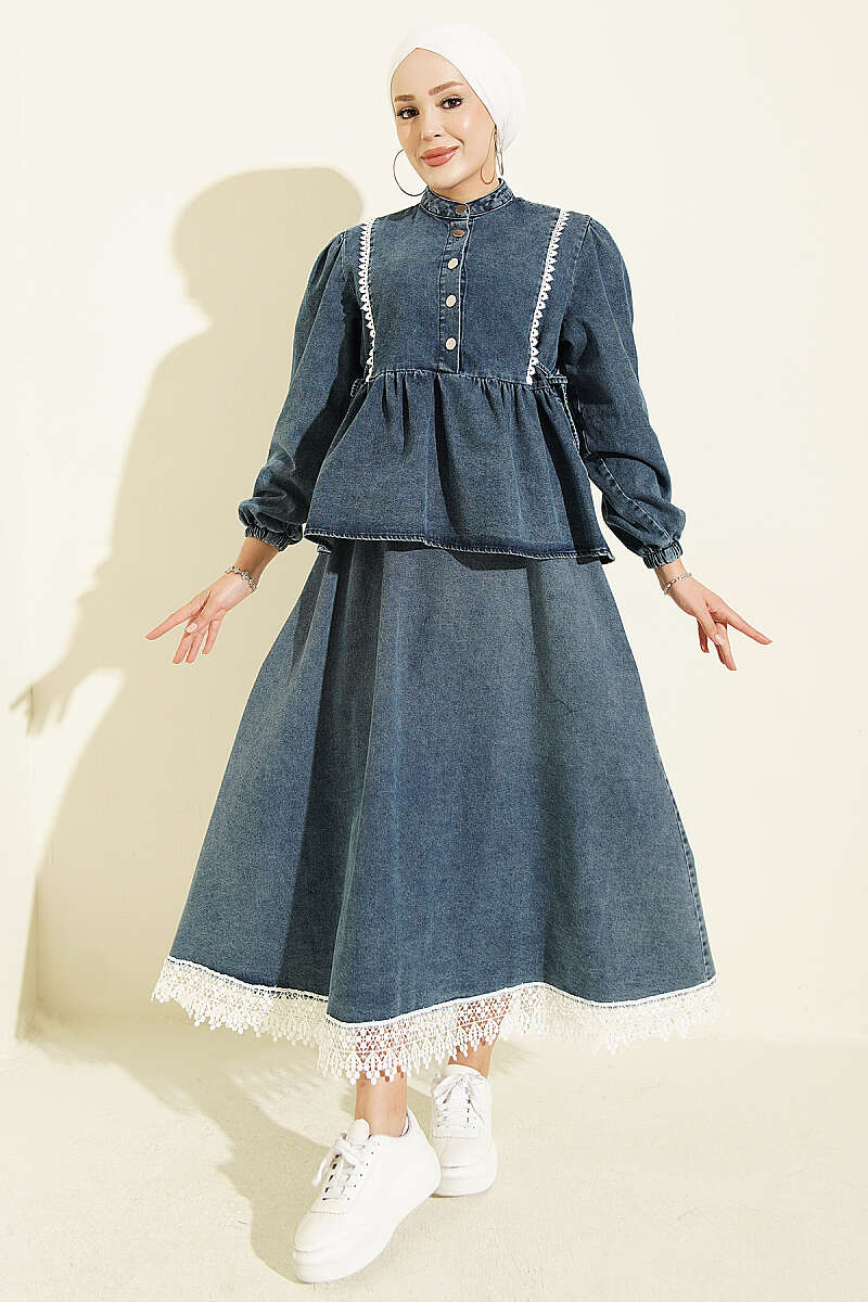 Denim Two-Piece Set with Waist Tie and Lace-Trimmed Hem Edge Denim Blue