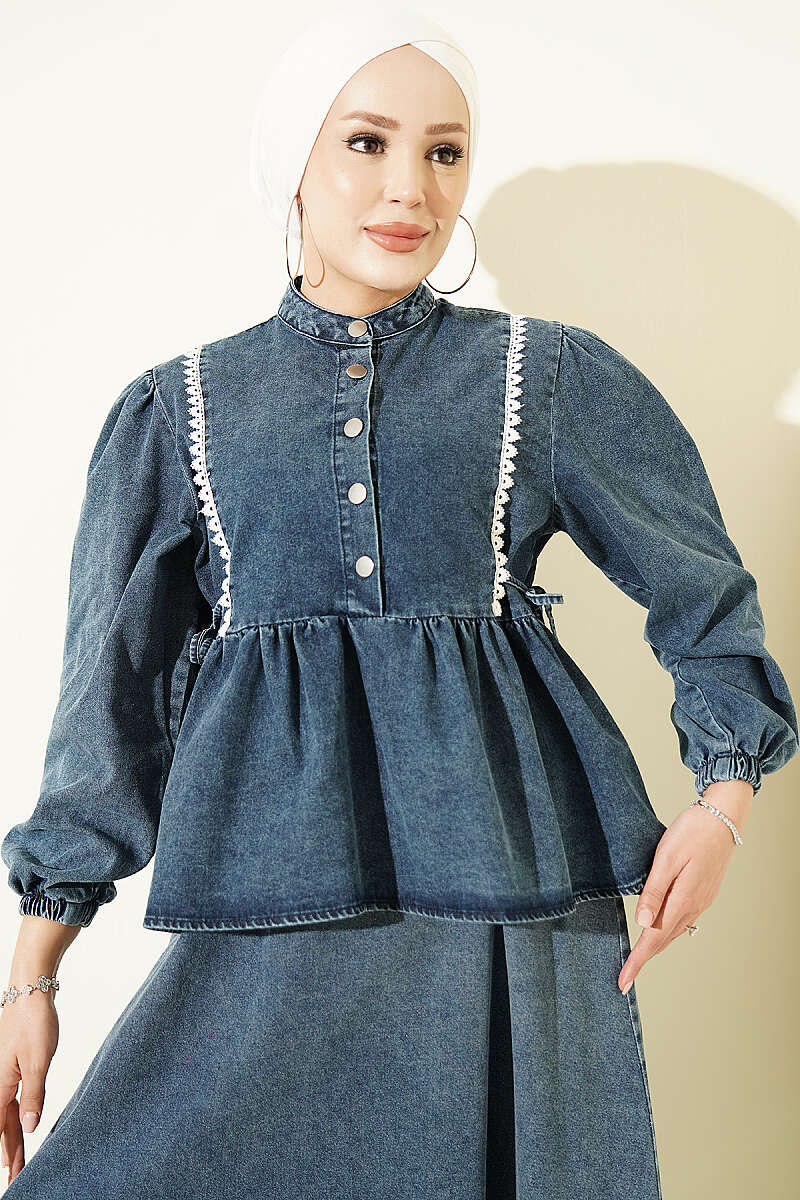 Denim Two-Piece Set with Waist Tie and Lace-Trimmed Hem Edge Denim Blue - Image 2