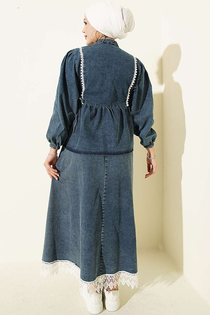 Denim Two-Piece Set with Waist Tie and Lace-Trimmed Hem Edge Denim Blue - Image 3