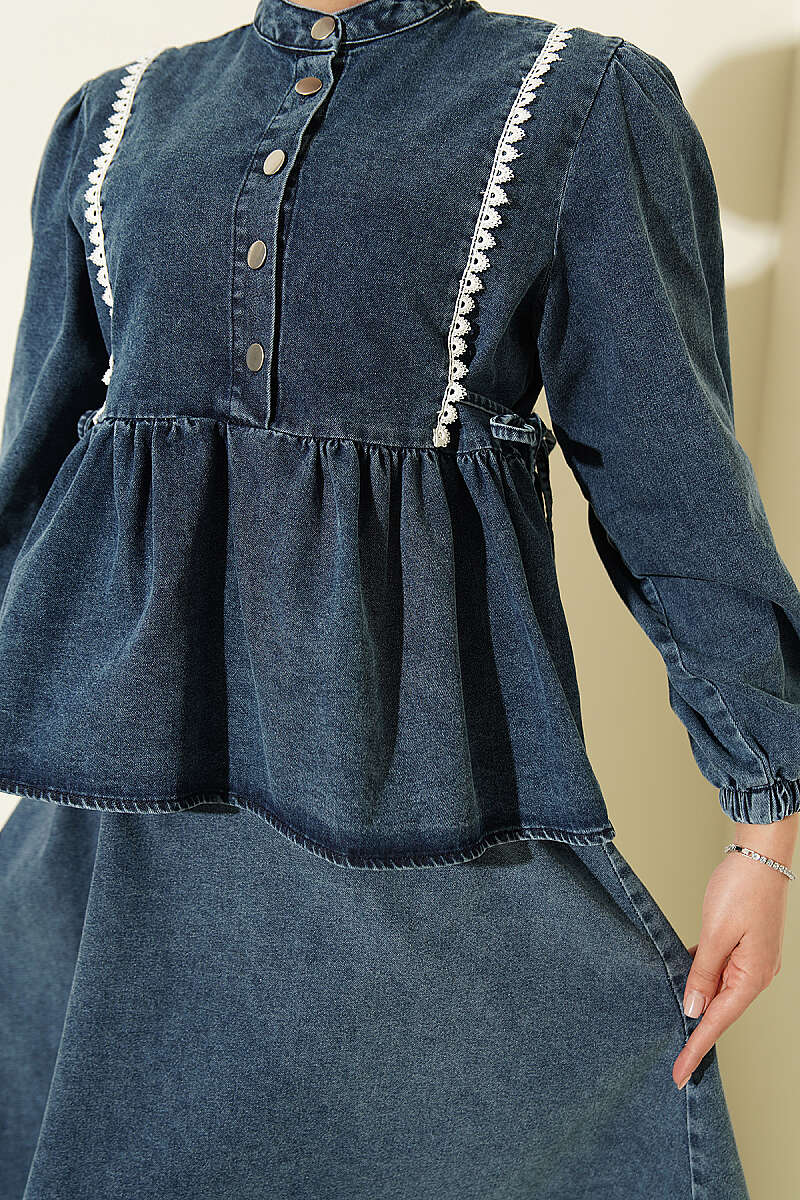 Denim Two-Piece Set with Waist Tie and Lace-Trimmed Hem Edge Denim Blue - Image 4