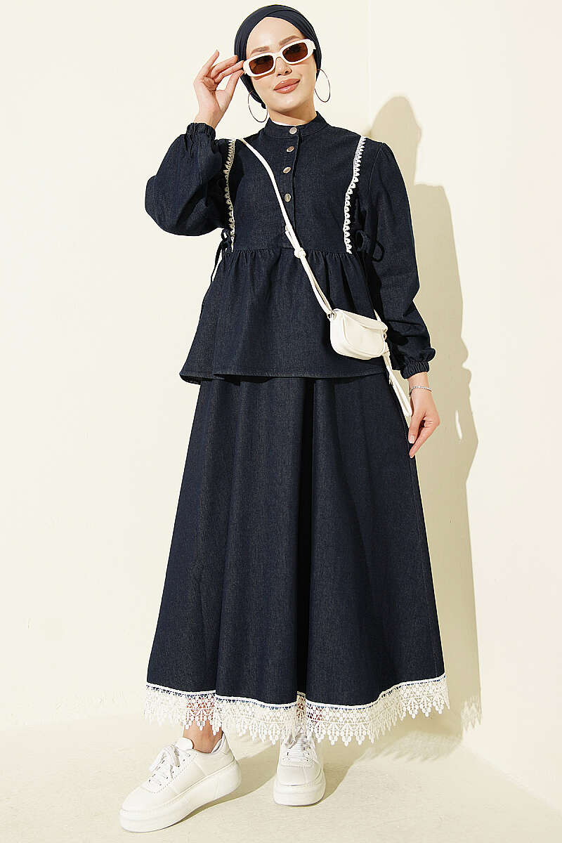 Denim Two-Piece Set with Waist Tie and Lace-Trimmed Hem Edge Dark Blue