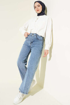 Alternative view of High-Waisted Wide Leg Denim Pants Light Blue