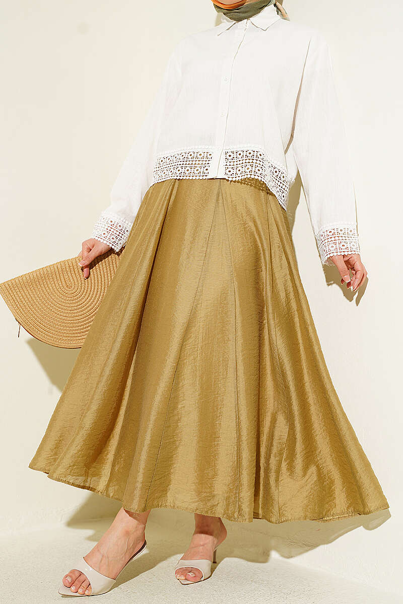 Belted Flared Tulle Skirt Oil Green