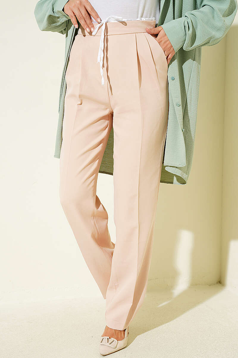 Drawstring Waist Garnished Fabric Pants Beige