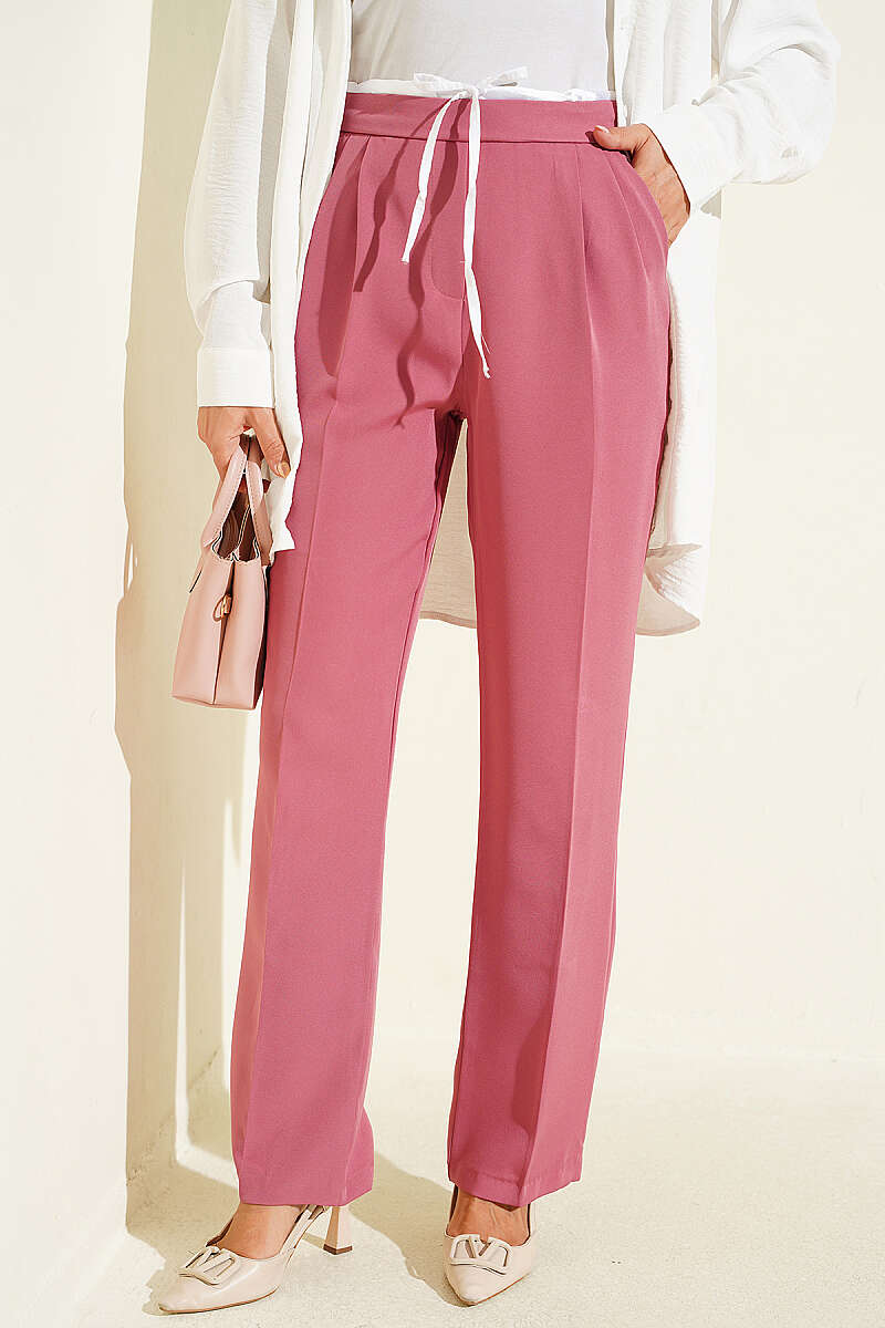 Drawstring Waist Garnished Fabric Pants Rose Dust