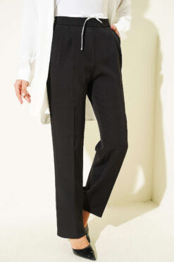 Drawstring Waist Garnished Fabric Pants Black