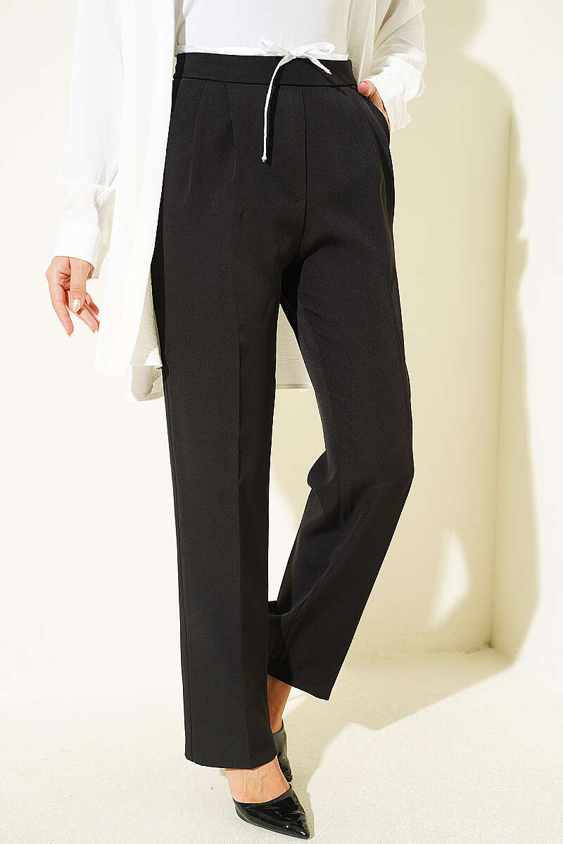 Drawstring Waist Garnished Fabric Pants Black