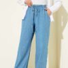 Wide-Legged Denim Pants with Belt Tie Light Blue